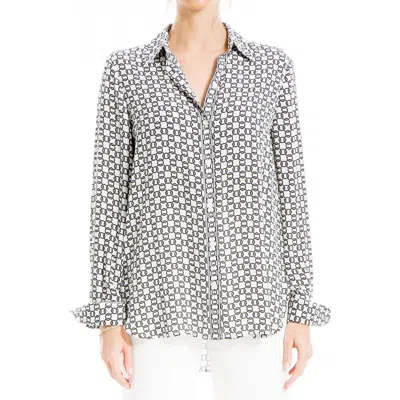 Max Studio Printed Long Sleeve Button-up Shirt In Ivory/black Sml Chn Rngs