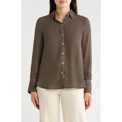 Max Studio Printed Long Sleeve Button-up Shirt In Brown