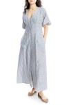 Max Studio Puff Short Sleeve Button Front Maxi Dress In Nvy/off Wht Ang Stripe