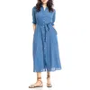 Max Studio Puff Sleeve Chiffon Midi Shirtdress In Blue/cream Circular Daisy