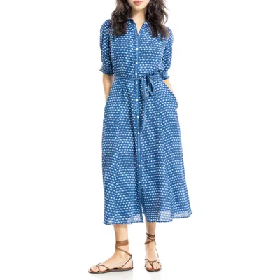 Max Studio Puff Sleeve Chiffon Midi Shirtdress In Blue/cream Circular Daisy