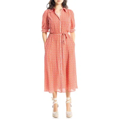 Max Studio Puff Sleeve Chiffon Midi Shirtdress In Red/cream Stipple Dt Frm Pnl