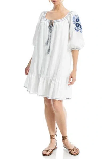 Max Studio Puff Sleeve Embroidered Shift Dress In White
