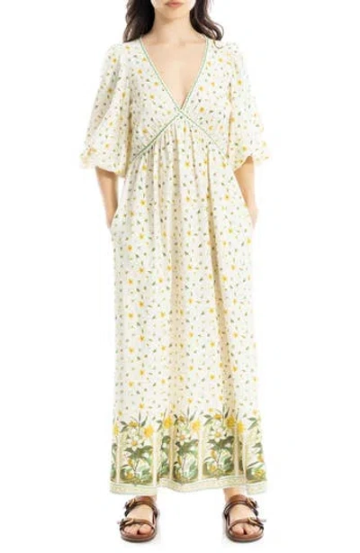 Max Studio Puff Sleeve Plunge Neck Midi Dress In Multi