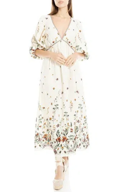 Max Studio Puff Sleeve Plunge Neck Midi Dress In White/floral