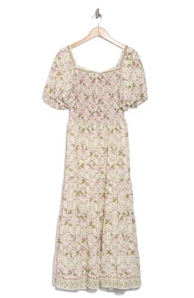 Max Studio Puff Sleeve Smocked Maxi Dress In Cream/pink Bloom Interlace