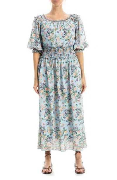 Max Studio Puff Sleeve Smocked Waist Midi Dress In Blue