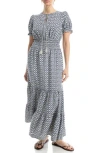 Max Studio Puff Sleeve Tie Maxi Dress In Indigo/cream Chainmail Geo