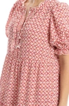 Max Studio Puff Sleeve Tiered Midi Dress In Red/crm Chnml Geo