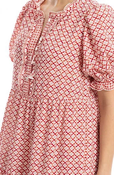 Max Studio Puff Sleeve Tiered Midi Dress In Red/crm Chnml Geo