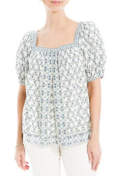 Max Studio Puff Sleeve Top In Cream/blue Wreath