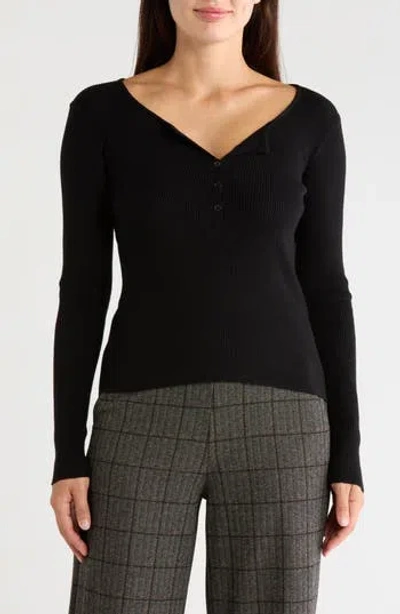 Max Studio Ribbed Crop Henley Sweater In Black-black