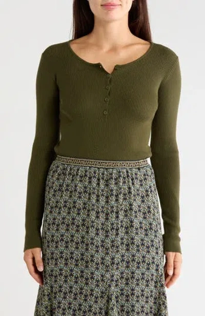 Max Studio Ribbed Crop Henley Sweater In Fern-fern