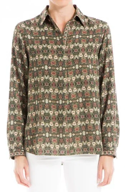 Max Studio Roll Sleeve Popover Shirt In Olive/peach Baroque Wallpaper