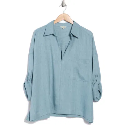 Max Studio Roll Tab Sleeve Popover Top In Blue