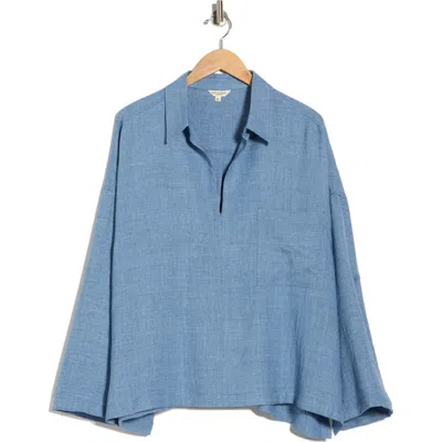 Max Studio Roll Tab Sleeve Popover Top In Blue