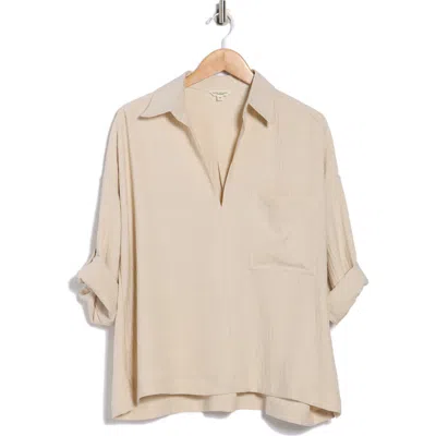 Max Studio Roll Tab Sleeve Popover Top In Neutral