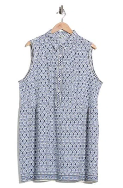 Max Studio Rosette Tile Print Smocked Waist Shirtdress In Blue
