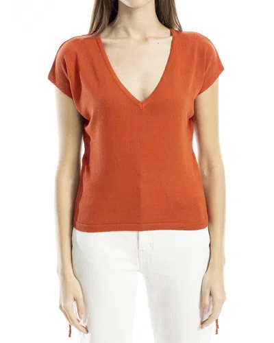 Max Studio Side Ruched Short Sleeve V-neck Sweater In Orange