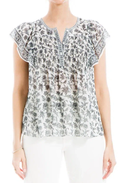 Max Studio Ruched Cap Sleeve Top In Ivory/ Black Md Chintzy Rmblr