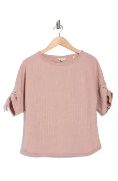 Max Studio Ruched Elbow Sleeve Waffle Knit Top In Mauve Pink
