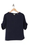 Max Studio Ruched Elbow Sleeve Waffle Knit Top In Navy