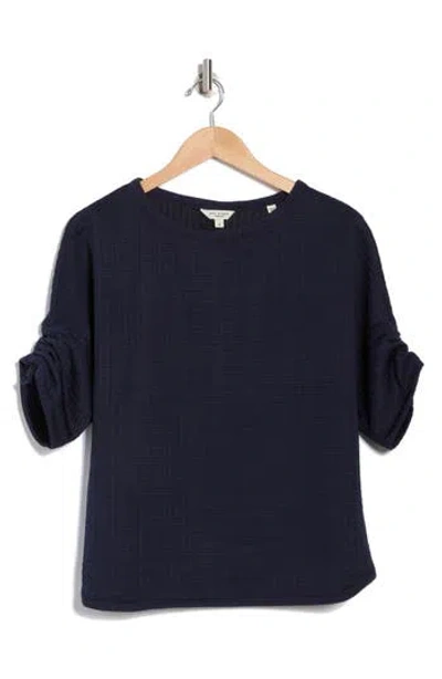 Max Studio Ruched Elbow Sleeve Waffle Knit Top In Navy