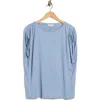 Max Studio Ruched Shoulder Crinkle Knit Top In Blue