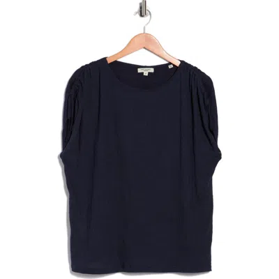Max Studio Ruched Shoulder Crinkle Knit Top In Blue