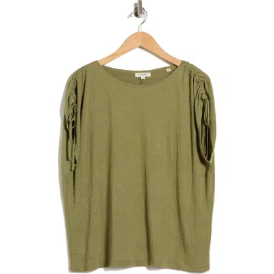 Max Studio Ruched Shoulder Crinkle Knit Top In Green