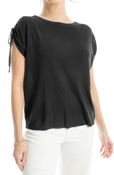 Max Studio Ruched Shoulder Short Sleeve Knit Sweater In Black