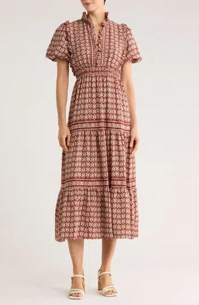 Max Studio Ruffle Bubble Sleeve Tiered Maxi Dress In Burgundy