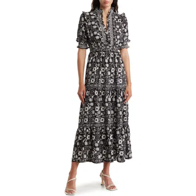Max Studio Ruffle Collar Print Tiered Maxi Dress In Black/cream Floral Hearts