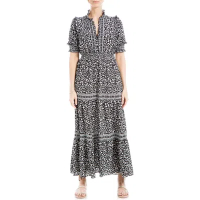 max studio ruffle collar print tiered maxi dress Max Studio Ruffle Collar Print Tiered Maxi Dress In Black/cream Leaf