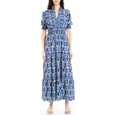 Max Studio Ruffle Collar Print Tiered Maxi Dress In Blue Floral Print