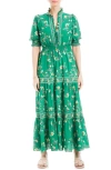 Max Studio Ruffle Collar Print Tiered Maxi Dress In Green/cream Flower