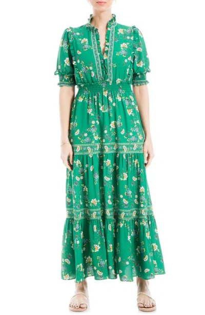Max Studio Ruffle Collar Print Tiered Maxi Dress In Green/ Cream Flower
