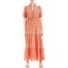 Max Studio Ruffle Collar Print Tiered Maxi Dress In Papaya/leafy Cherry Blossoms