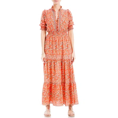 Max Studio Ruffle Collar Print Tiered Maxi Dress In Papaya/leafy Cherry Blossoms