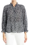 Max Studio Ruffle Collar Puff Shoulder Top In Black/ecru Ovals