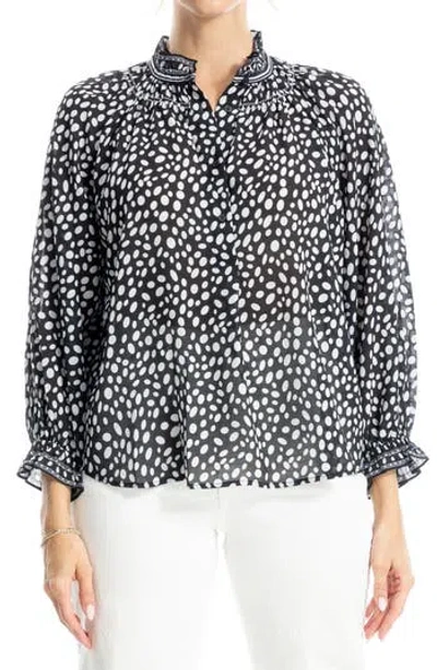 Max Studio Ruffle Collar Puff Shoulder Top In Black/ecru Ovals