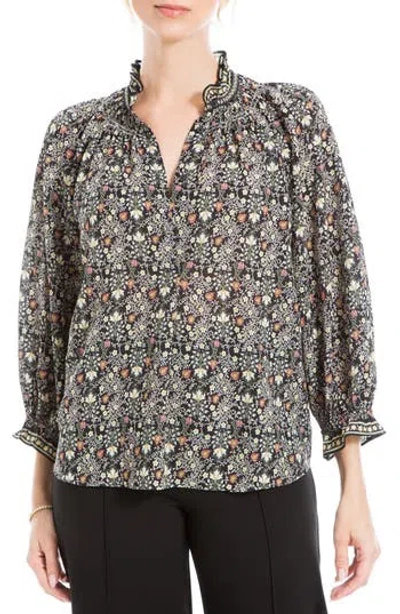 Max Studio Ruffle Collar Puff Shoulder Top In Blk/sge Cra Flk Flwr