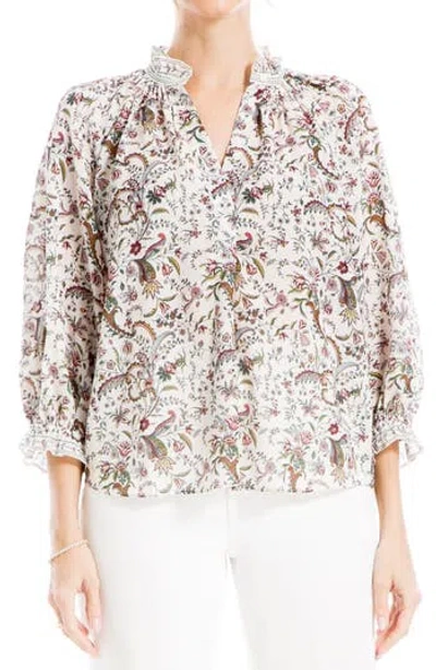 Max Studio Ruffle Collar Puff Shoulder Top In Wavy Branch Pnl