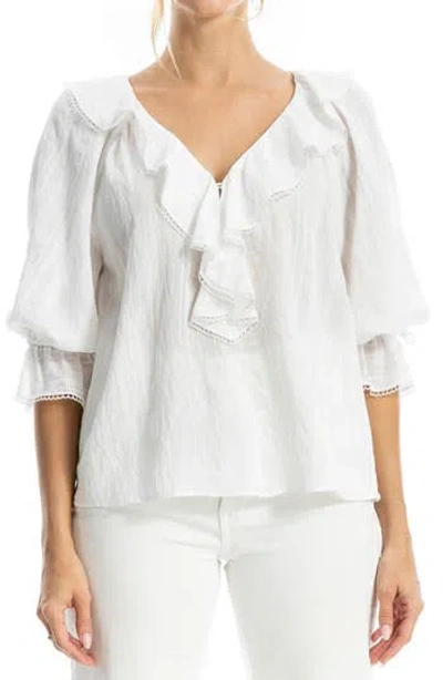 Max Studio Ruffle Front Elbow Length Sleeve Top In White