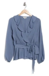 Max Studio Ruffle Long Sleeve Faux Wrap Top In Blue