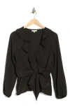 Max Studio Ruffle Long Sleeve Faux Wrap Top In Black