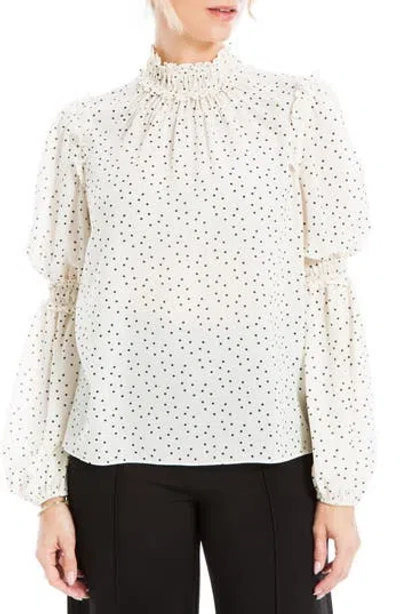Max Studio Ruffle Mock Neck Long Sleeve Blouse In White