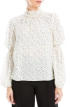 Max Studio Ruffle Mock Neck Long Sleeve Blouse In Ivory/black Dot