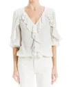 Max Studio Ruffle Neck Bubble Hem Linen-blend Top