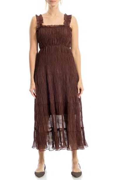 Max Studio Ruffle Shirred Georgette Midi Dress In Brown
